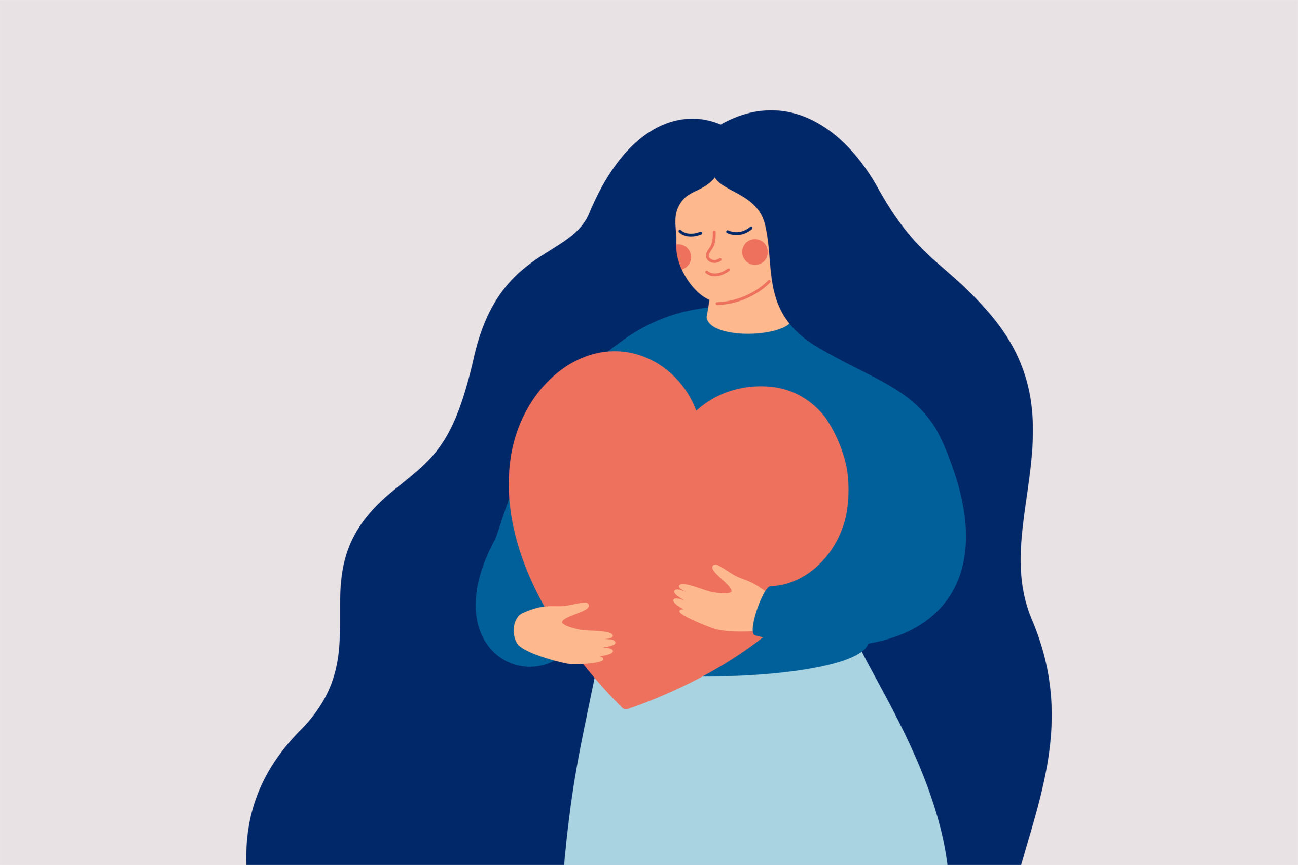 neurodermitis ratgeber psychische gesundheit-Eine junge Frau umarmt mit Achtsamkeit und Liebe ein großes rotes Herz. Konzept der Selbstakzeptanz und Selbstsicherheit.